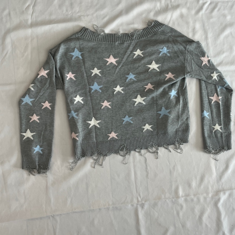 Gray Star Patterned Distressed Sweater - image 3